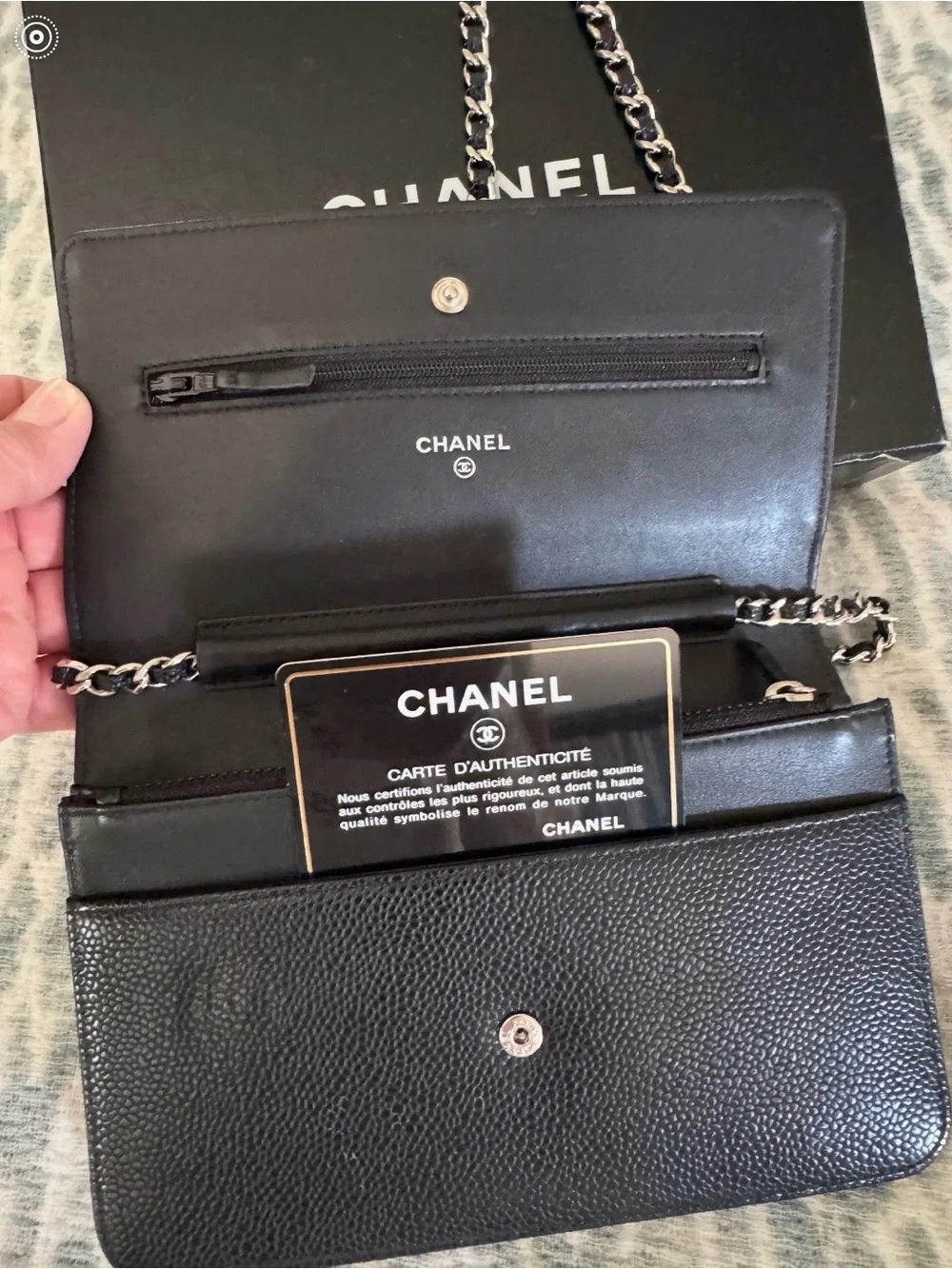 CHANEL Black Caviar Leather CC Flap Shoulder Bag with Silver Chain